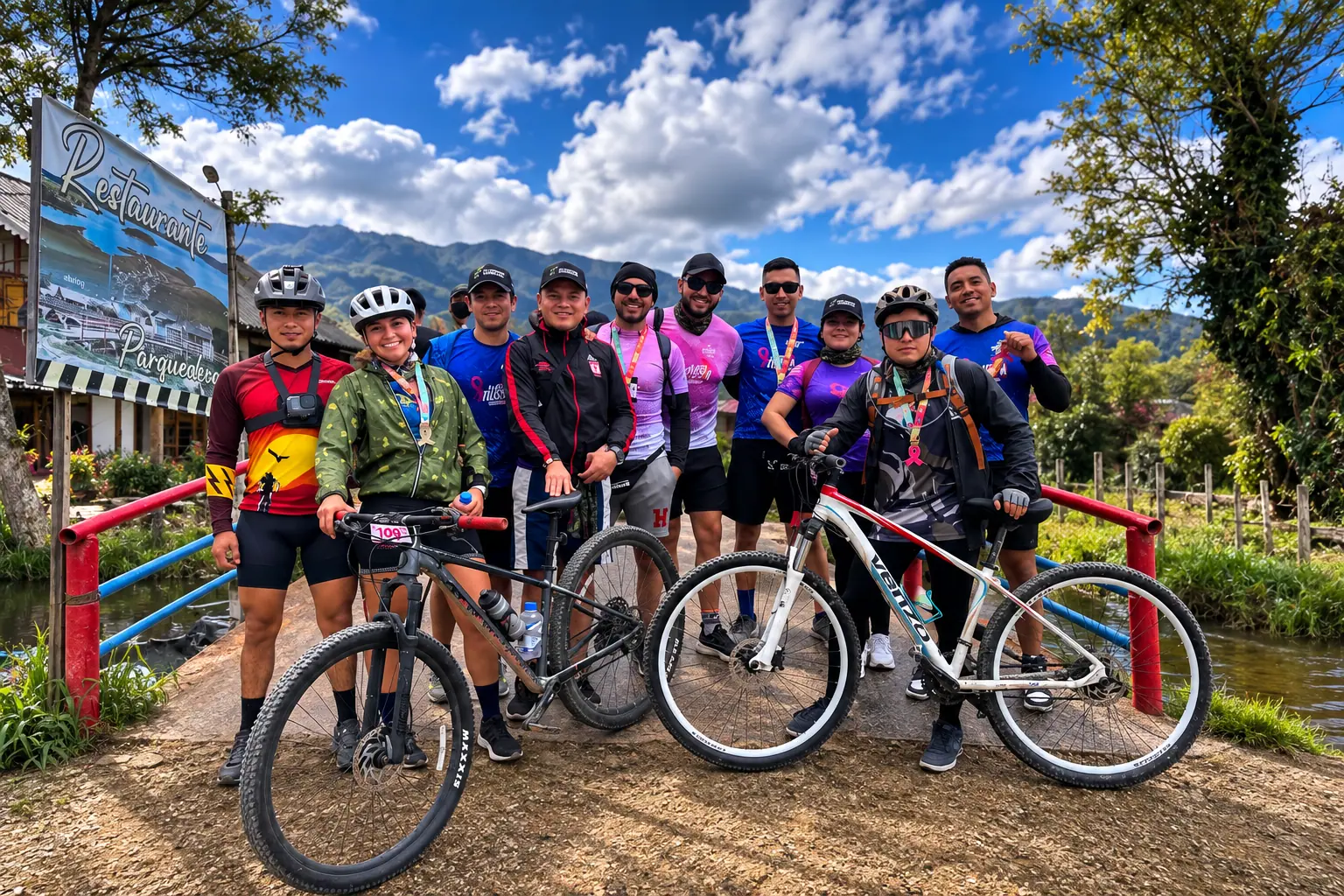 Grupo de ciclistas posando juntos en el recorrido